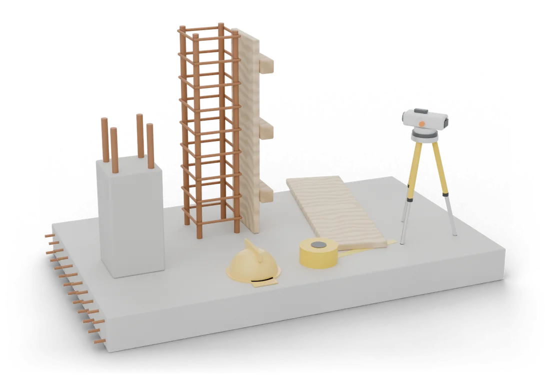 Перекрытие с выпусками арматуры: каркас колонны с хомутами, щит опалубки, забетонированная колонна, нивелир на штативе, рулетка и каска